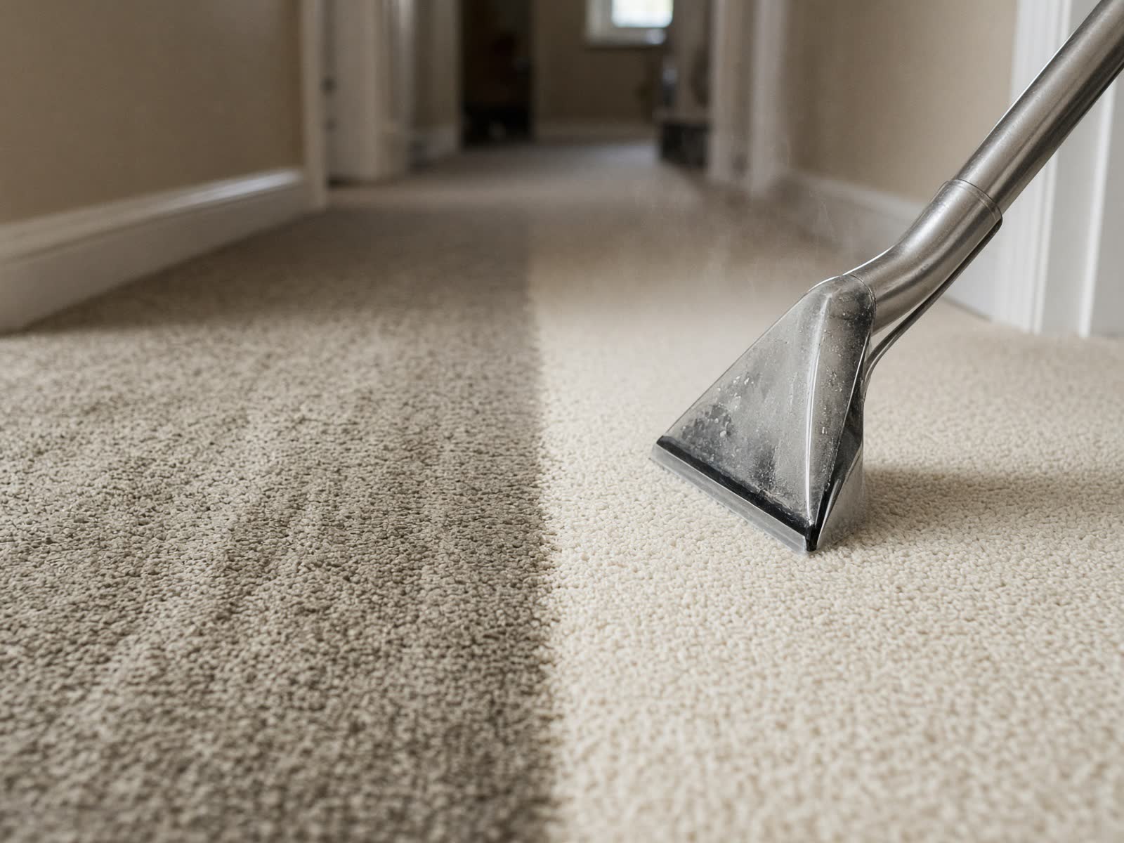 Carpet extraction showing dirty versus restored fibers