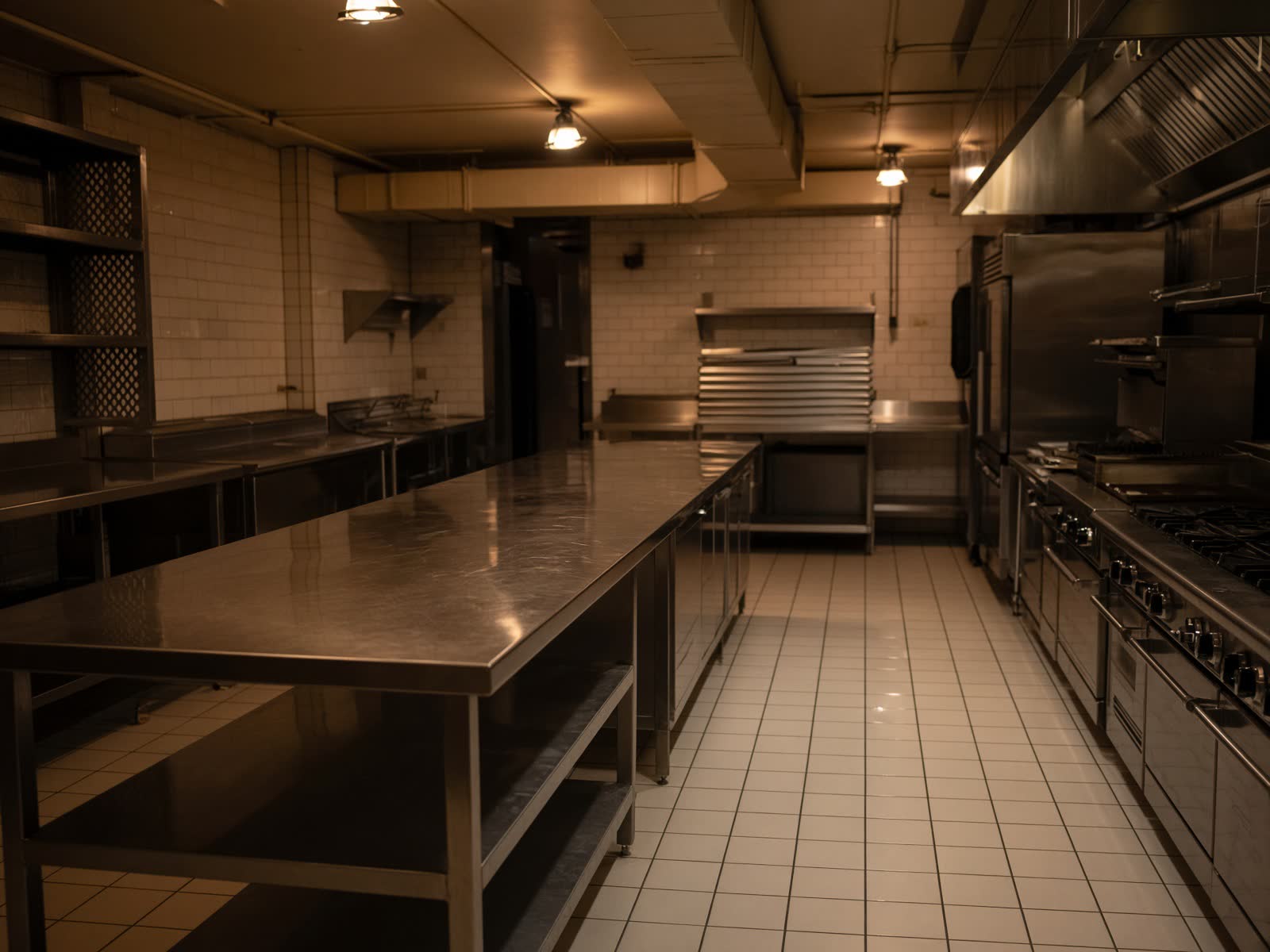 Spotless stainless restaurant kitchen after closing