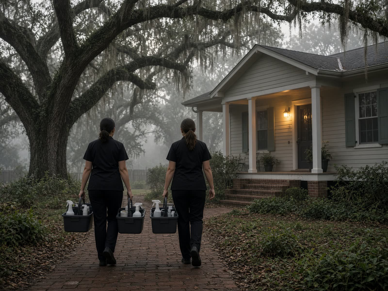 Two Grime Reaper techs walking up a cottage path at dawn