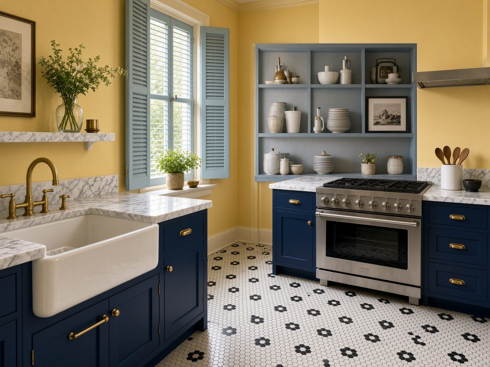 Butter-yellow New Orleans kitchen with navy cabinets after a deep clean