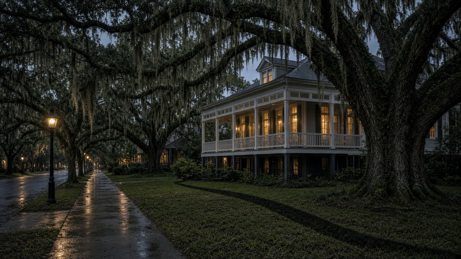 Dusk on a live-oak street in southeast Louisiana, a freshly washed Creole cottage glowing from inside