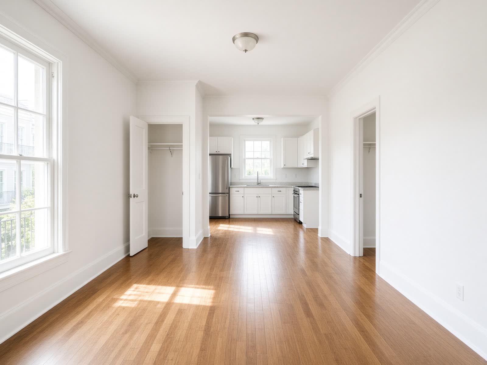 Empty apartment with sparkling floors after a move-out clean