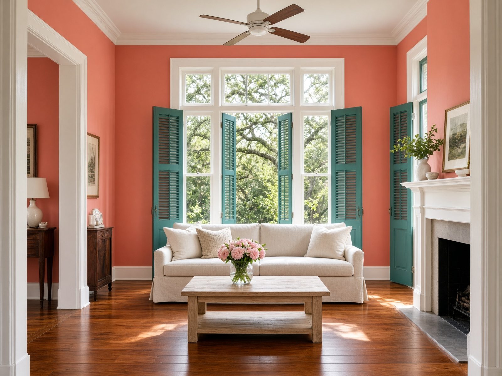Colorful Creole cottage parlor after a clean — coral walls, teal shutters, mopped hardwood